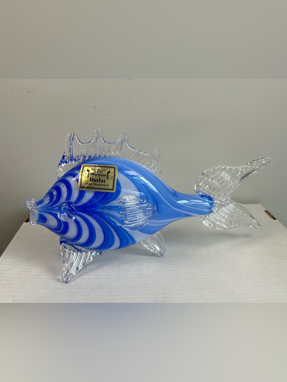 Gorgeous German ART GLASS 16" Hand Blown FISH SCULPTURE Vintage Blue White Swirl
